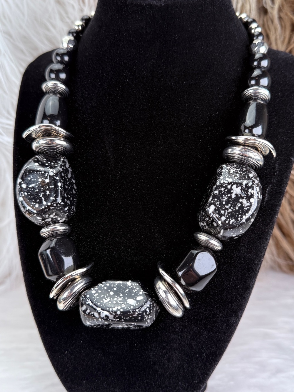 Vintage Black White Statement Necklace Silver Tone Abstract Beads